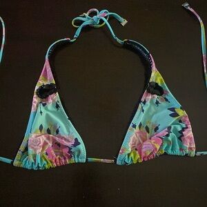 Betsey Johnson Y2K Swimwear Bikini Top Floral Light Blue Roses Size Large